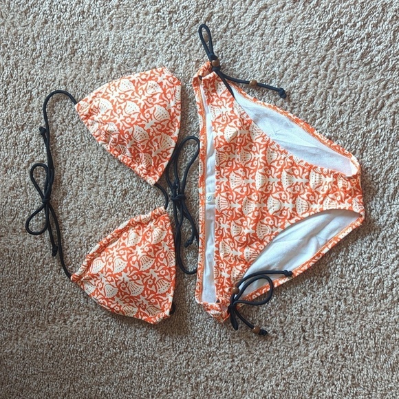 American Eagle Outfitters Orange & Cream String Bikini w Black Beaded Ties L/XL - Picture 6 of 11